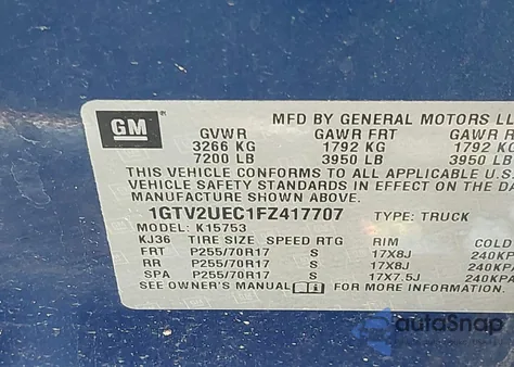 2015 GMC Sierra 1500 Sle из США, поврежденный, VIN 1GTV2UEC1FZ417707